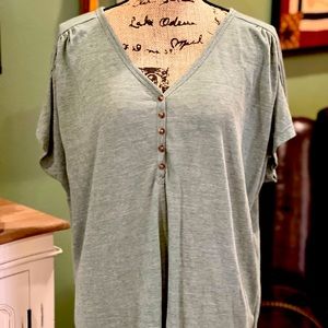 Loose V-Neck Linen Blend Henley Tee